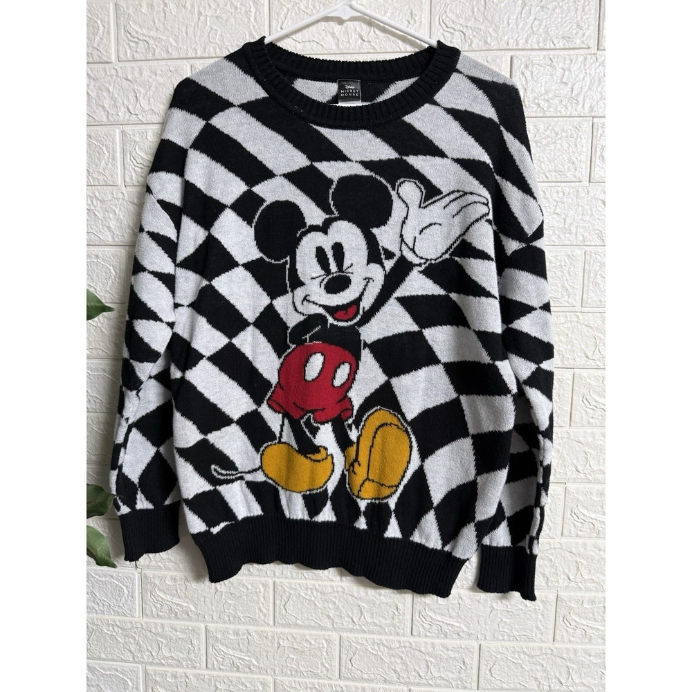 Disney Mickey Mouse Women Sweater M Black White Checkered Raglan Pullover